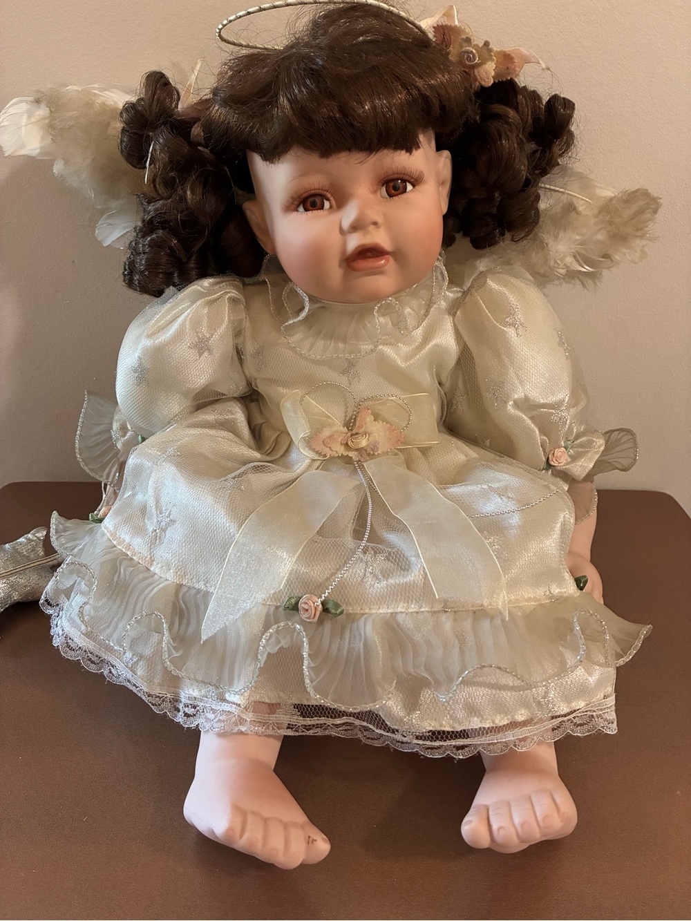 Porcelain Angel Doll in Cream Dress with Brown Hair